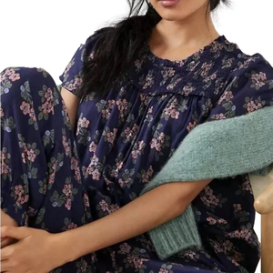 Anthropologie Darcy Smocked Sleep Top in Navy Blue Floral Lightweight PJ Top XS